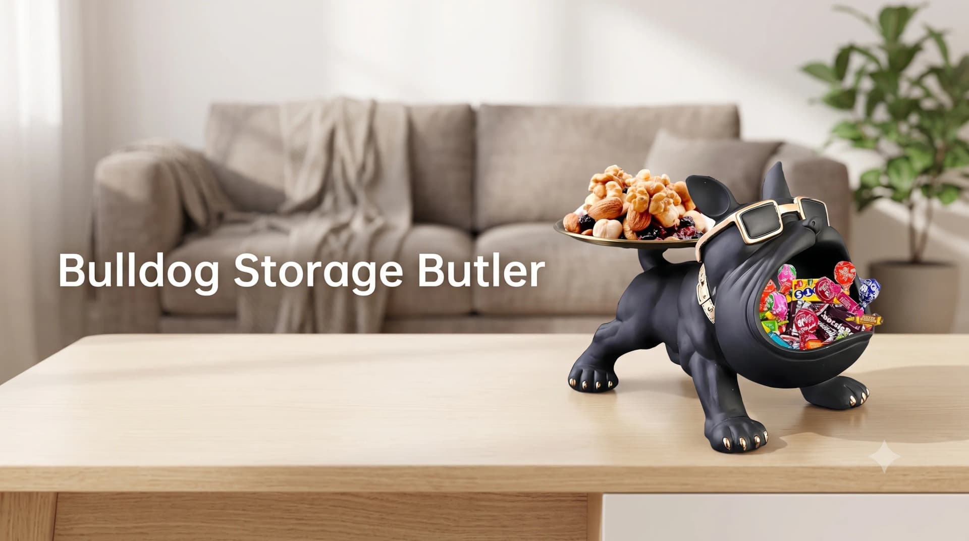 SkyRay Bulldog Storage Butler sculpture in black resin holding candy and nuts on a desk in India